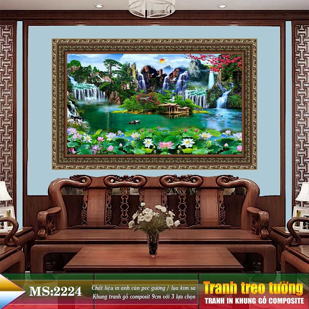 Tranh treo tường phòng khách, phòng ngủ SƠN THỦY HỮU TÌNH khung gỗ composit chất liệu pvc gương / lụa kim sa. MS:2224L9