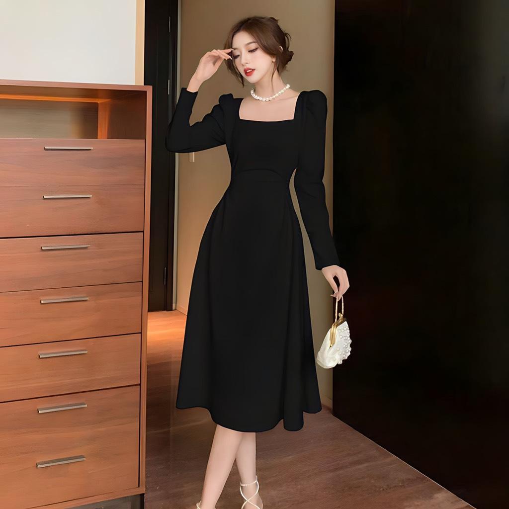 Đầm maxi cổ vuông tay dài xoắn eo