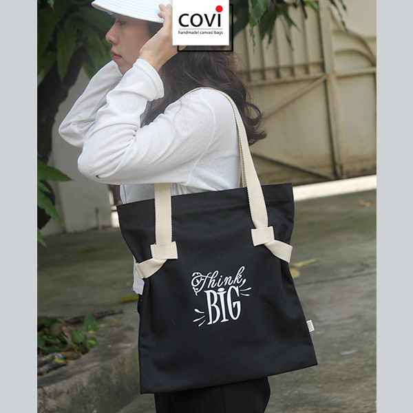 Túi Tote Vải Canvas, Vải Bố Hàn Quốc Đựng Giấy A4 Phom Đứng Phối Chữ THINK BIG thời trang COVI T17-M-Màu Đen
