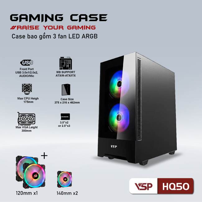 Vỏ máy tính Case VSP HQ50 sẵn 3 Fan LED ARGB Gaming Kính cường lực - Hàng chính hãng Tech Vision phân phối