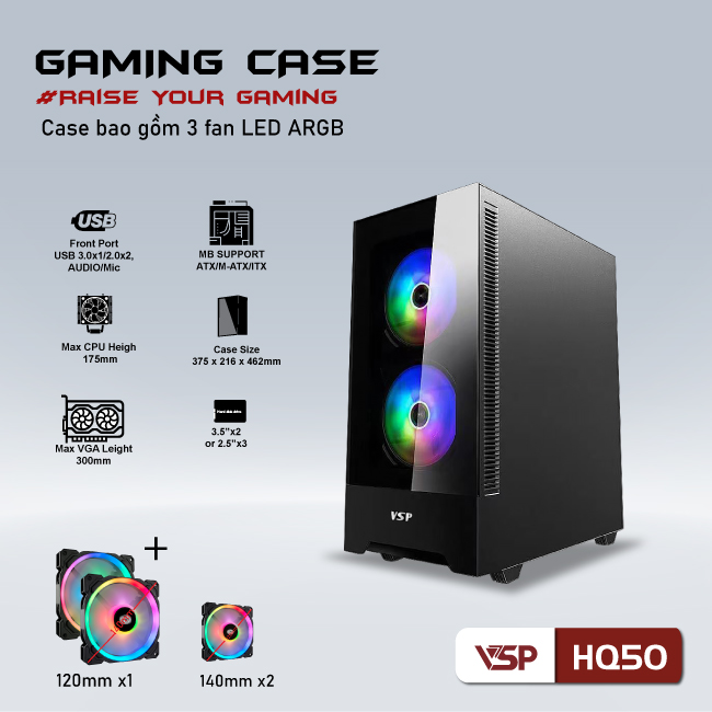 Vỏ máy tính Case VSP HQ50 [ĐEN] sẵn 3 Fan LED ARGB Gaming Kính cường lực (ATX, Micro-ATX, ITX) - Hàng chính hãng Tech Vision phân phối