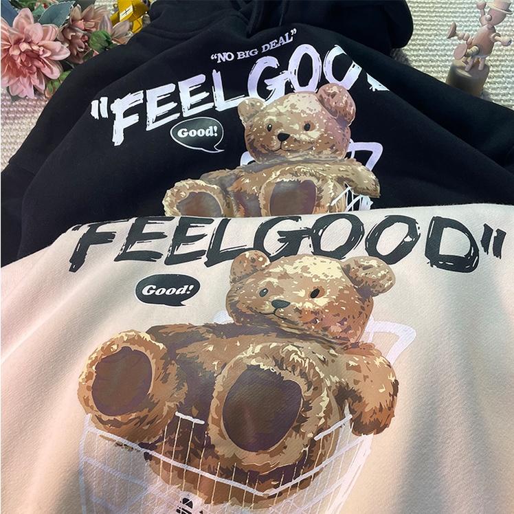 ÁO KHOÁC HOODIE NAM NỮ FORM RỘNG TAY PHỒNG MÀU BE VẢI NỈ DÀY MỊN, ÁO HOODIE UNISEX IN GẤU FEELGOOD