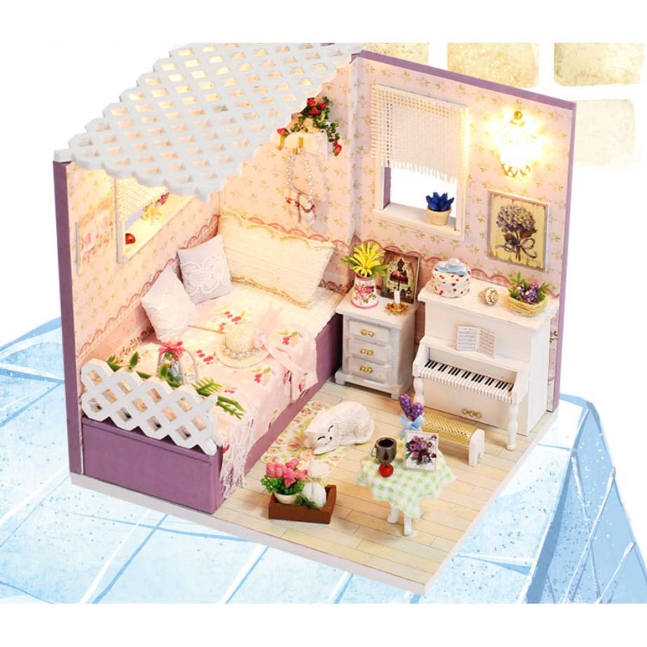 Nhà gỗ búp bê DIY - Góc phòng ngủ của cô nàng lãng mạn với mèo trắng và piano trắng tinh khôi-Love in Budapest