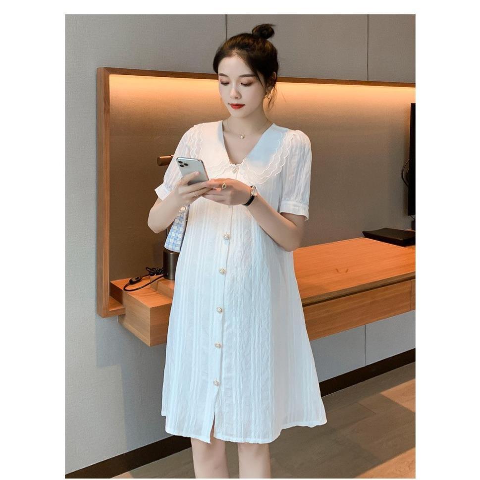 Váy bầu thiết kế️đầm bầu mặc đi làm đi chơi đều được️chất kẻ hàn siêu mát️váy cho bà bầu free size (43-68kg)