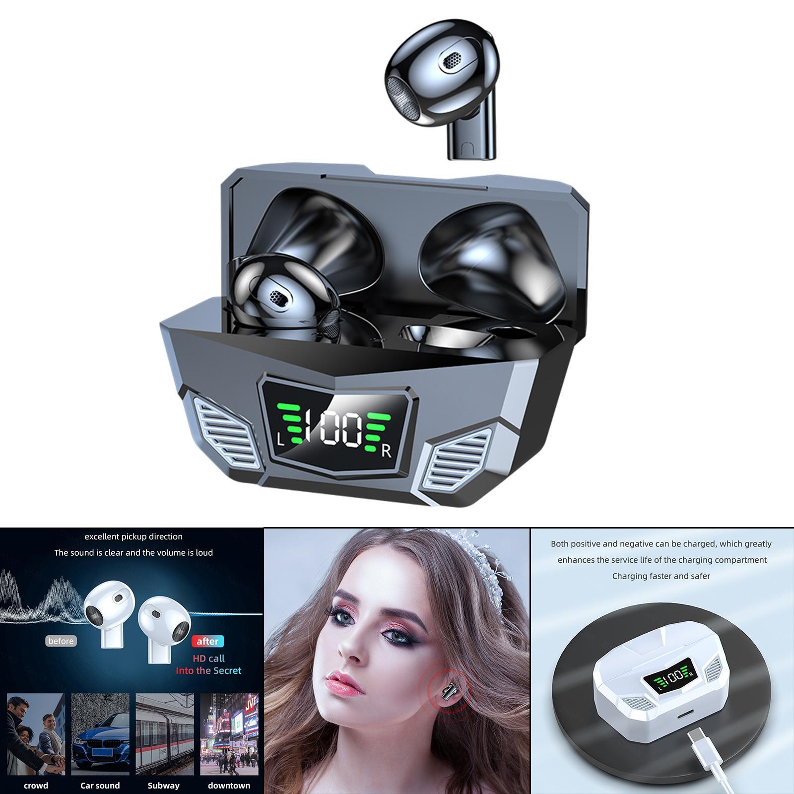 Wireless Game Earbuds Noise Reduction for Sports LED Battery Display Black