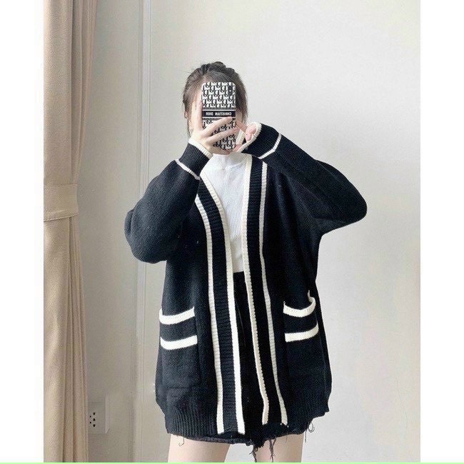 Áo khoác cardigan len viền sọc có túi thơi trang