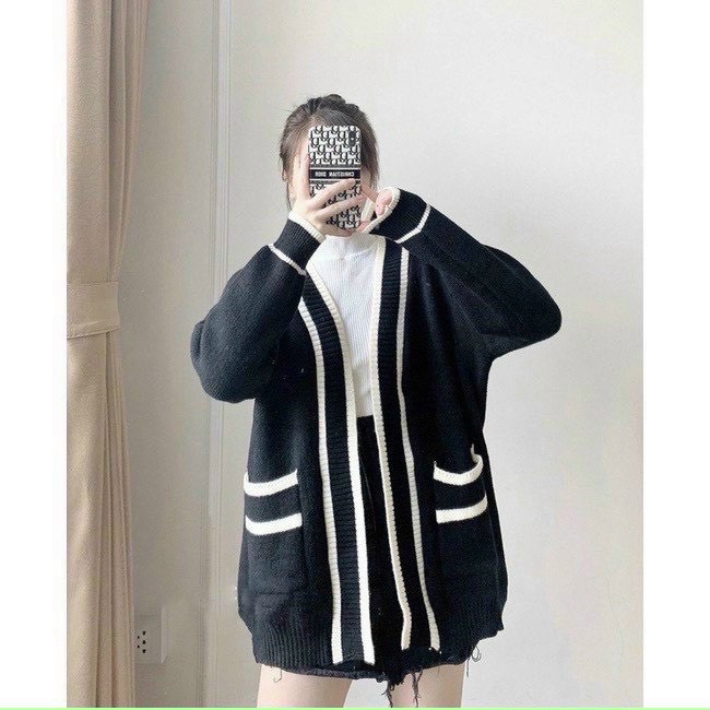 Hình ảnh Áo khoác cardigan len viền sọc có túi thơi trang