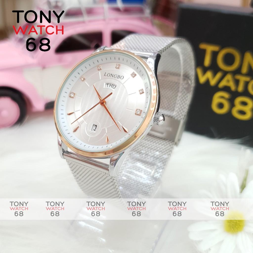 Đồng hồ nam LongBo dây lụa màu bạc có lịch chống nước chính hãng Tony Watch 68