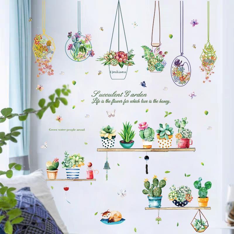 DECAL DÁN TƯỜNG GIỎ HOA VÀ CHẬU CÂY XƯƠNG RỒNG