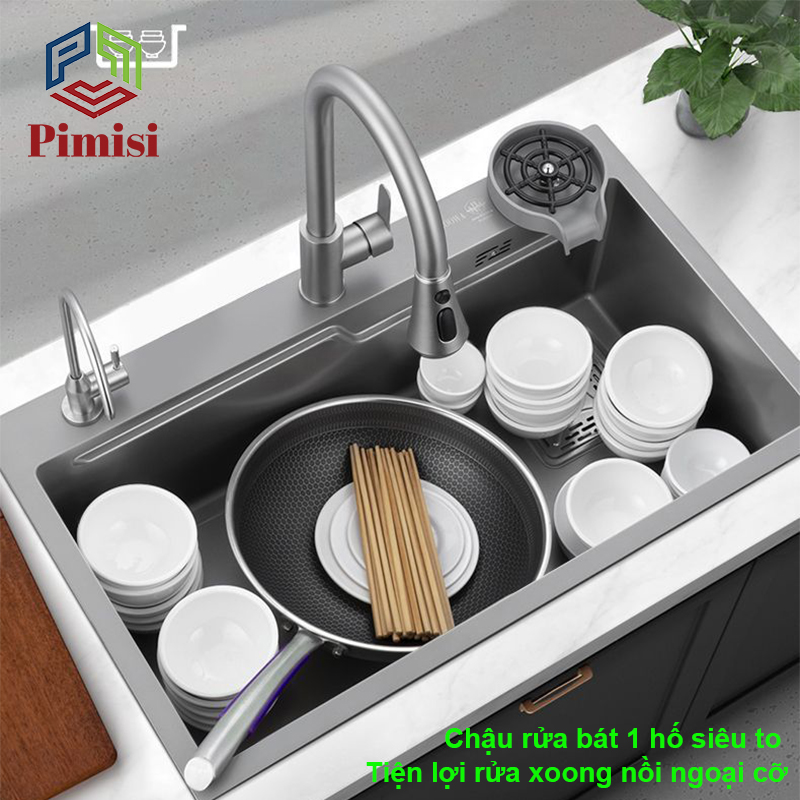 Chậu Rửa Bát Inox 1 Hố To Pimisi PB-7846 Luxury Làm Từ Thép Không Gỉ Inox Cao Cấp Kiểu Ngăn Lớn 1 Hộc, Kèm 1 Khay Bồn Rửa Chén Nhỏ Đơn Phụ Gác Chậu -  Tháo Rời Với Đầy Đủ Phụ Kiện Xi Phông, Gắn Được Cả Bán Âm - Dương Bàn Đá Bếp | Hàng Chính Hãng