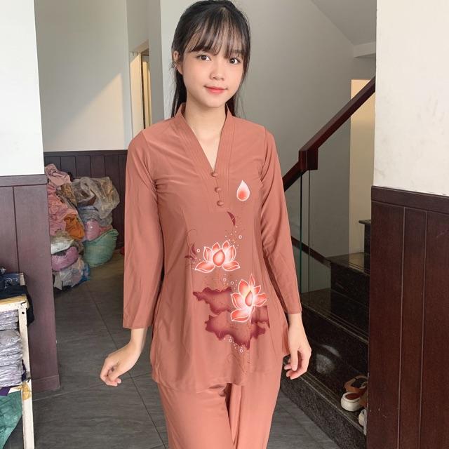 Thời trang nữ đi chùa, áo lam, phật giáo, đồ bộ thun, cách tân lỡ cổ trụ