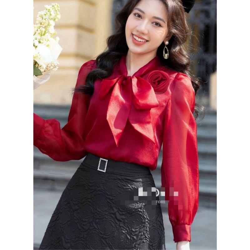 Áo sơmi nữ cổ nơ đính hoa chất tơ nhật 2 lớp _sơmi nữ công sở