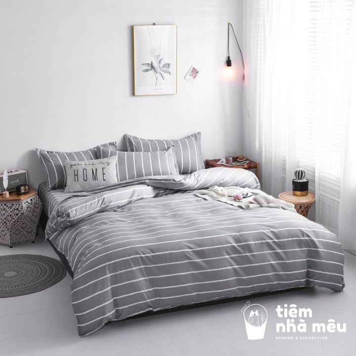 Bộ Chăn Ga Gối Cotton 3D m6/m8/2m - Full size Tiệm Nhà MêuSet 4 Món 2 Vỏ gối ,drap vỏ chăn Kẻ Xám Đơn Giản Nhập Khẩu