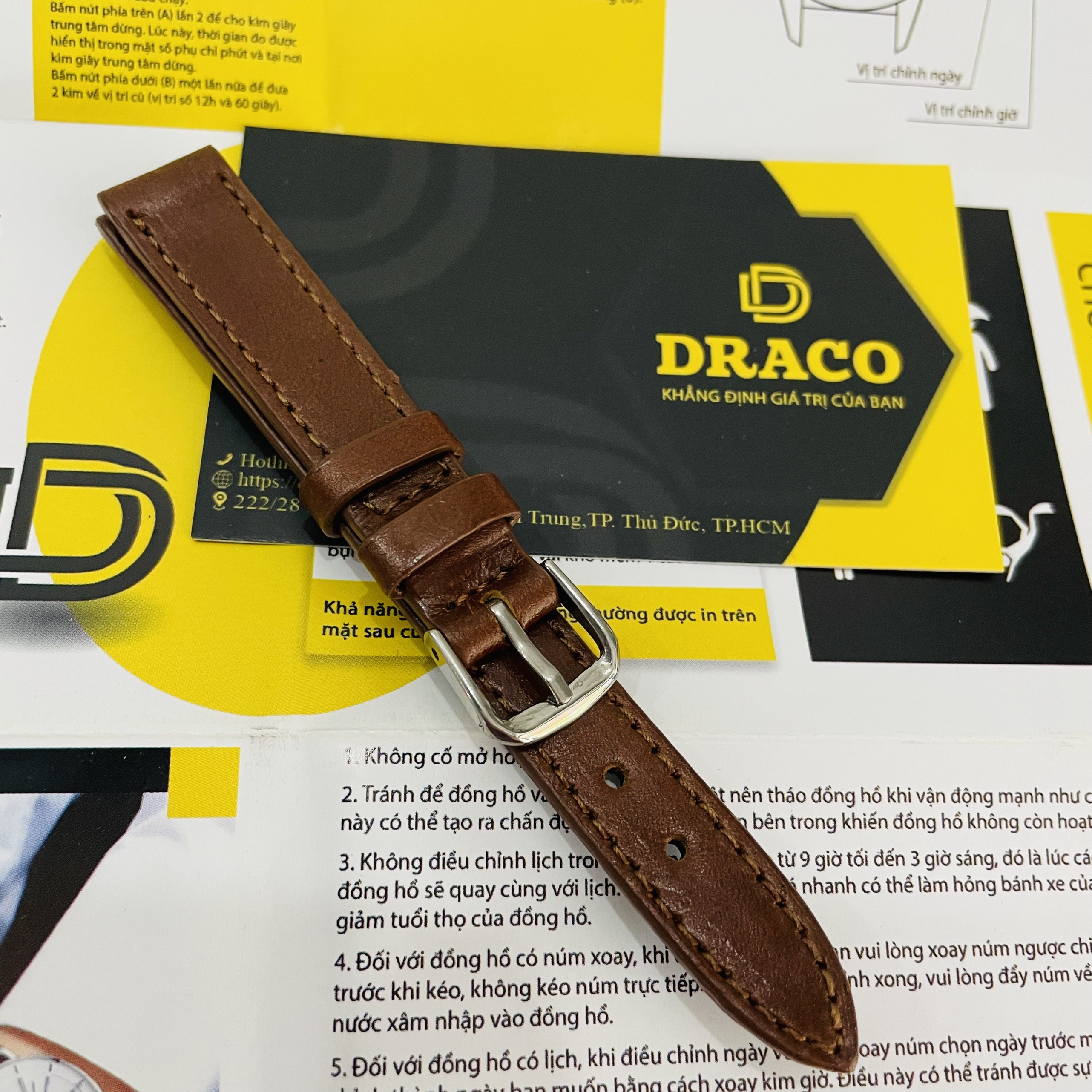 Dây da đòng hồ Draco DDDH03 màu nâu - size 14 nữ chấy liệu da bò thật cao cấp