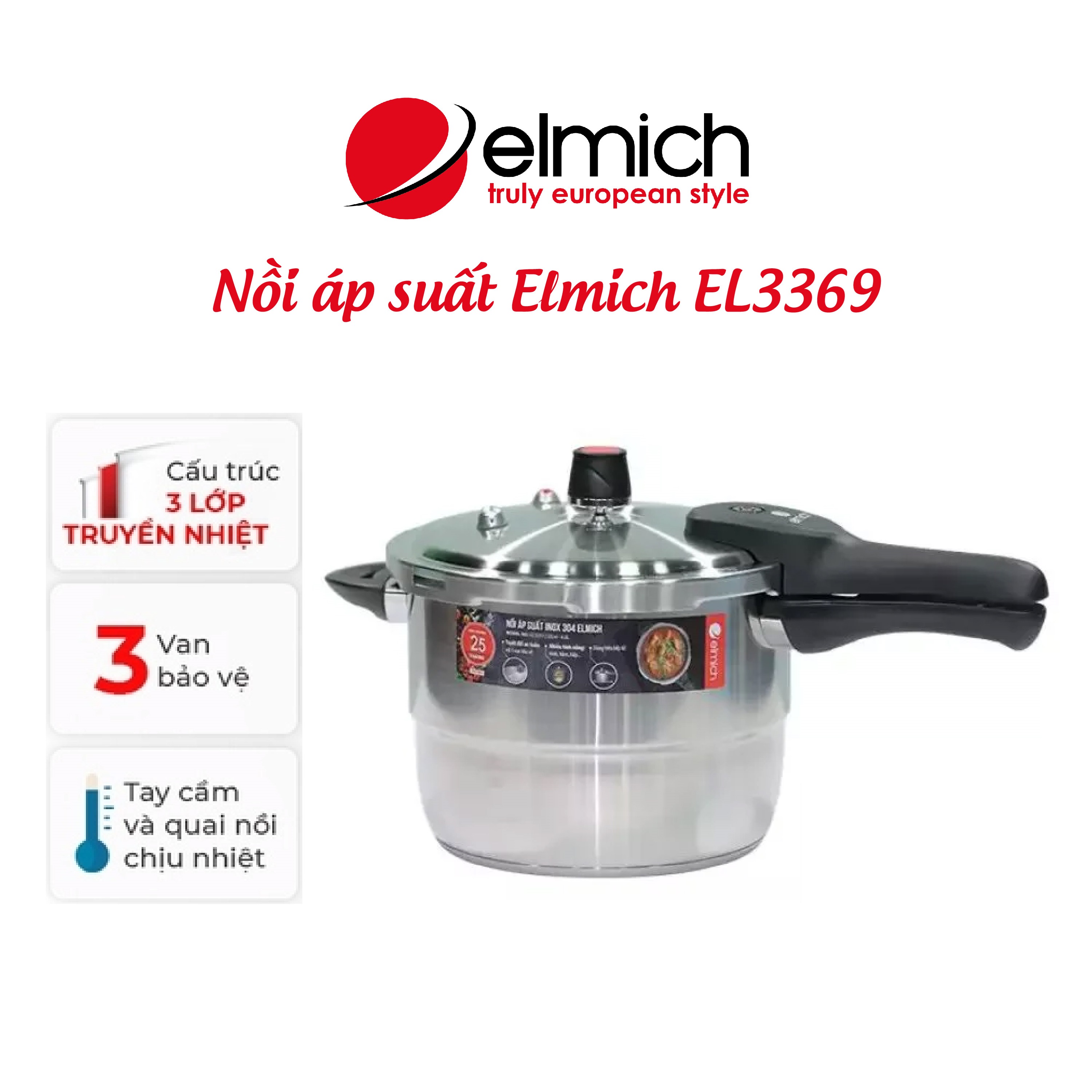 Nồi áp suất Elmich EL3369 inox 304 cao cấp, lòng nồi 20cm, dung tích 4 Lít, sử dụng được trên tất cả các loại bếp - Hàng chính hãng