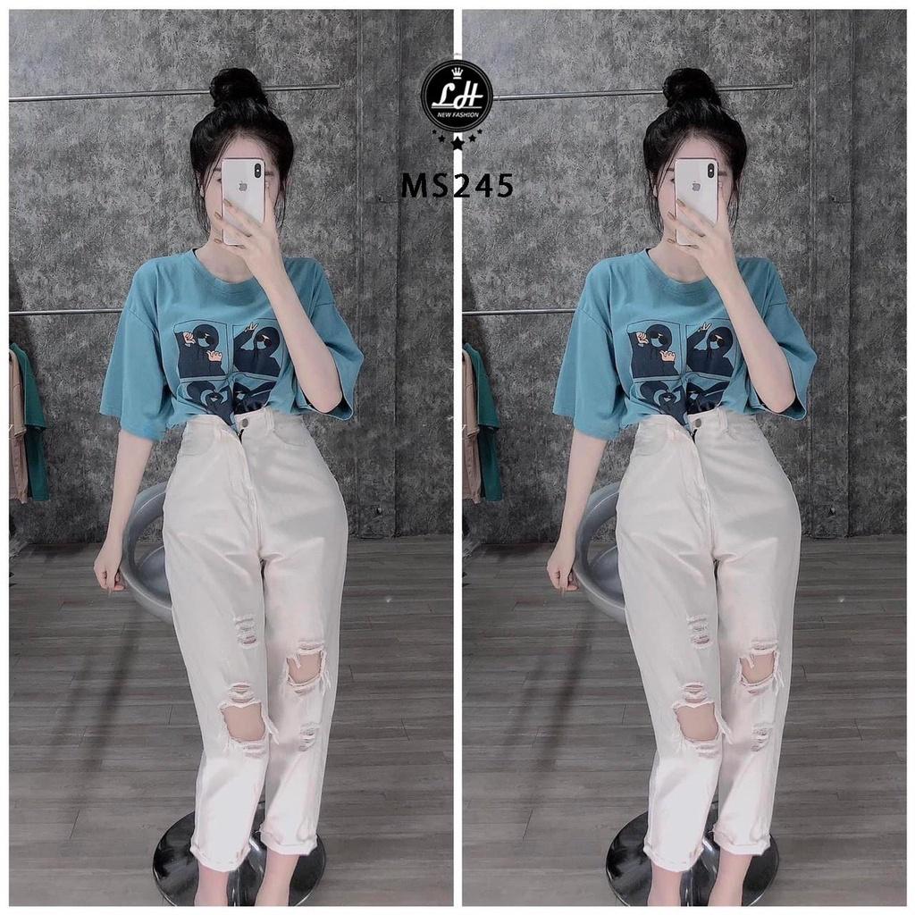 Quần bò baggy trắng rách gối hai bên cá tính cho nàng Lê Huy fashion ms 245