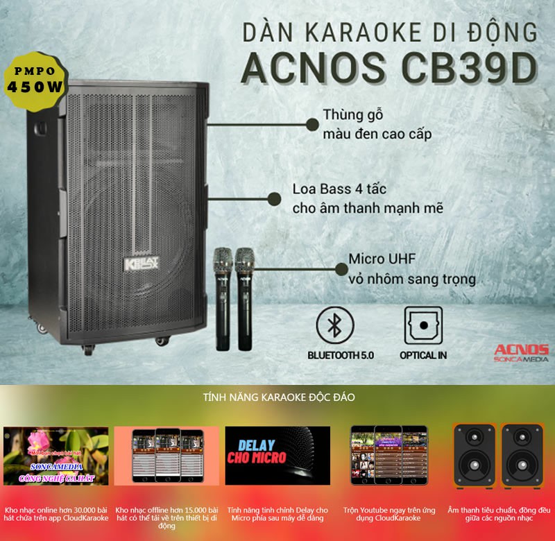 Dàn Karaoke di động ACNOS CB39D - Loa kéo bass 4 tấc - Công suất lên đến 450W - Đầy đủ bluetooth 5.0, cổng quang (Optical), AUX, USB - Kết nối với các thiết bị thông minh khác dễ dàng qua CloudKaraoke - Kèm 2 micro không dây UHF - Hàng chính hãng