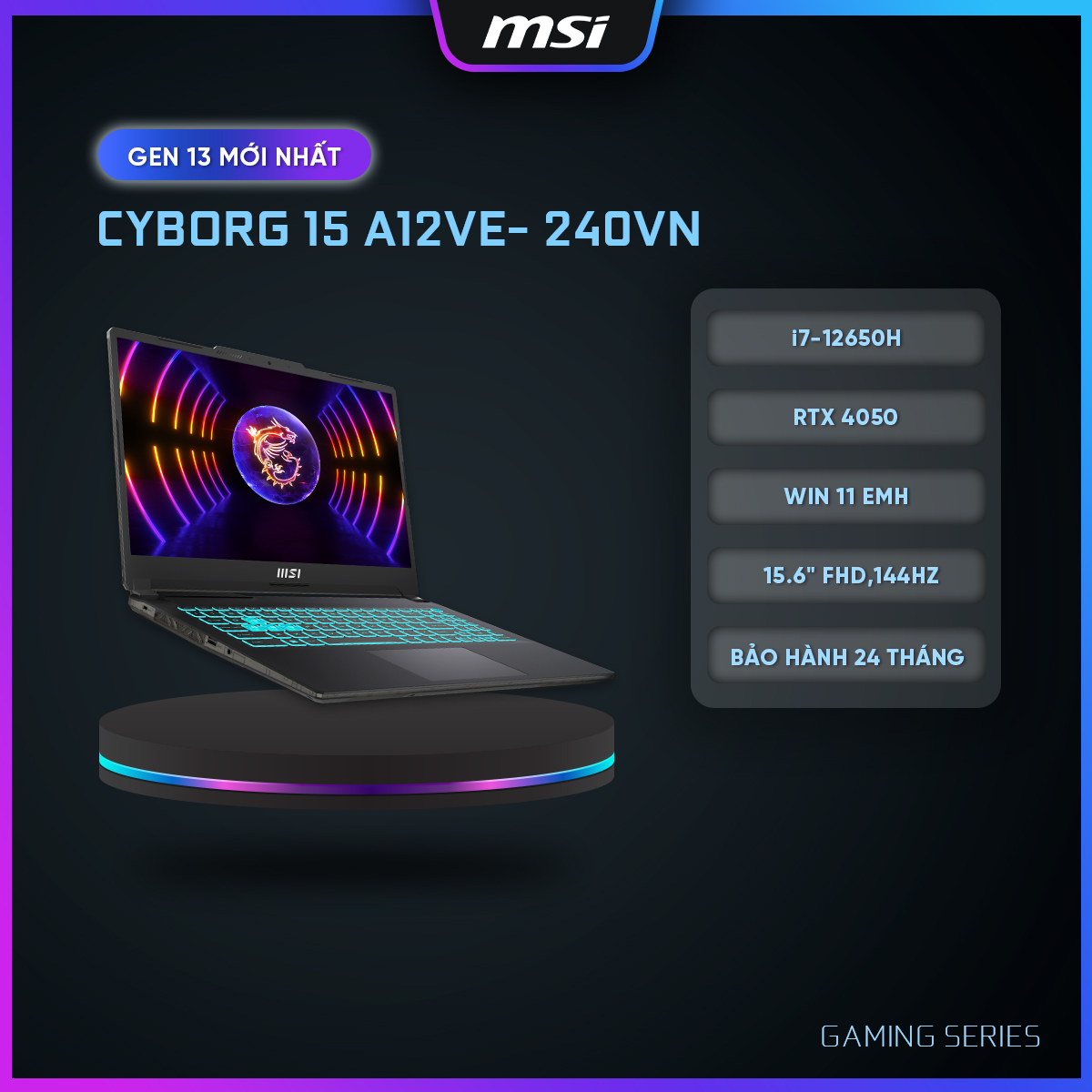 MSI Laptop Cyborg 15 A12VE-240VN|Intel i7-12650H|RTX 4050|Ram DDR5 8GB|512GB SSD|15.6" FHD,144Hz, 45%