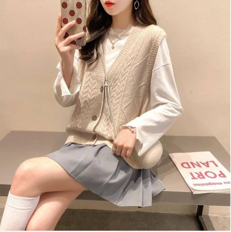 Áo len nữ, áo gile len vặn thừng đóng cúc form rộng Haint boutique GL03