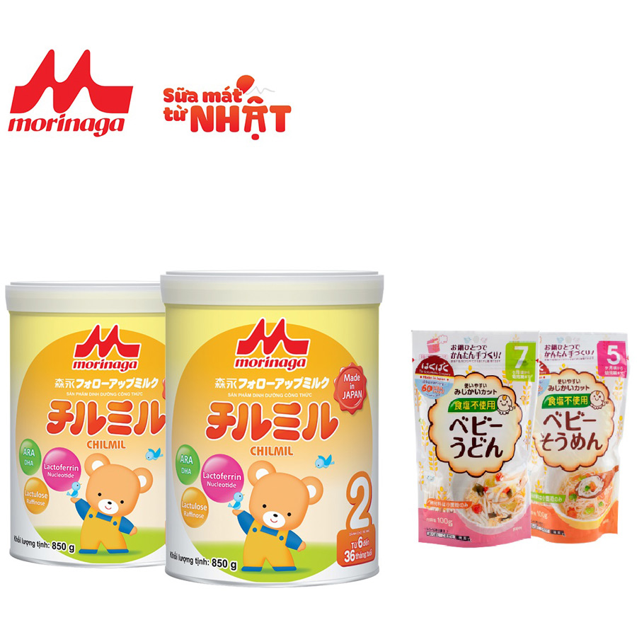 Combo 2 lon sữa Morinaga số 2 Chilmil 850gr - Tặng 2 gói mì ăn dặm Hakubaku
