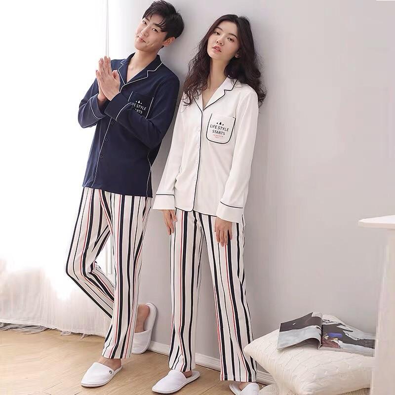 Bộ pyjama nữ vải thun cotton áo trắng Life style họa tiết kẻ sọc