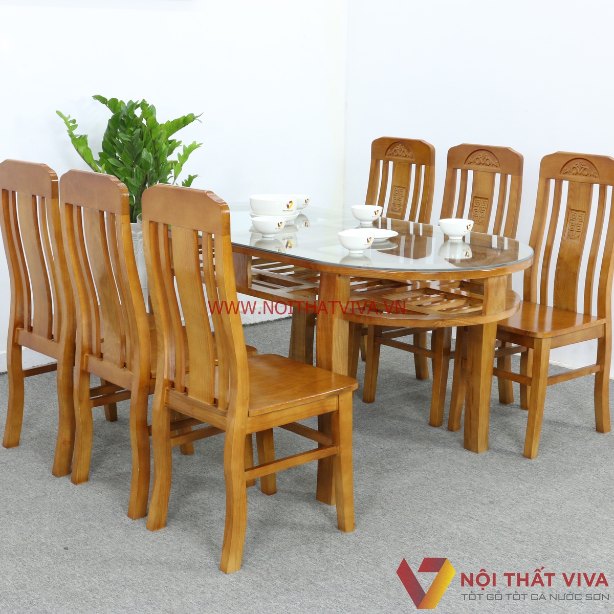 Bộ Bàn Ăn Oval 2 Tầng Gỗ Sồi Màu Cánh Gián