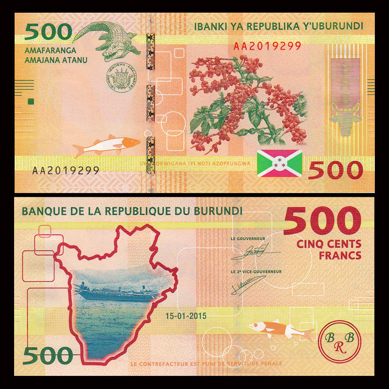 Tờ tiền Burundi 500 Francs hình bản đồ quốc gia sưu tầm, tiền châu Phi , Mới 100% UNC