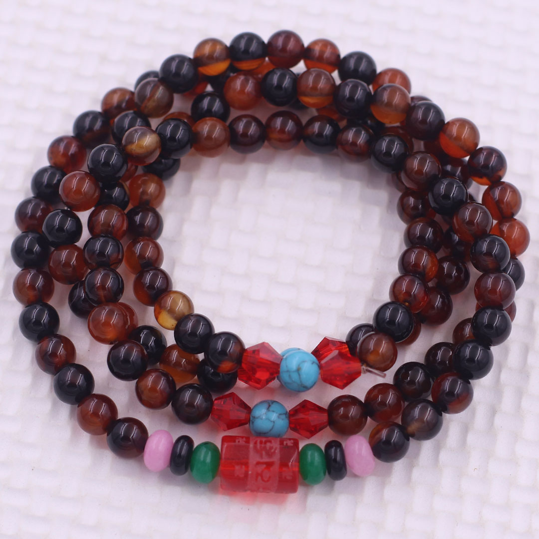 Vòng chuỗi 108 hạt đá thạch anh nâu charm lục tự kim ngôn - hạt 8 ly , vòng chuỗi niệm Phật, vòng chuỗi đeo tay