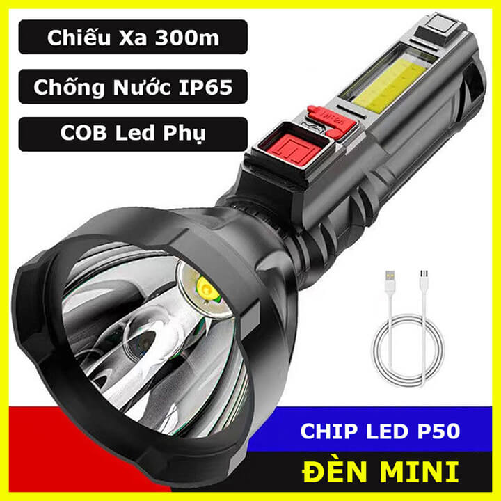 Đèn pin cầm tay mini siêu sáng chiếu xa 300m, chống nước IP65, pin trâu kèm cap sạc micro USB