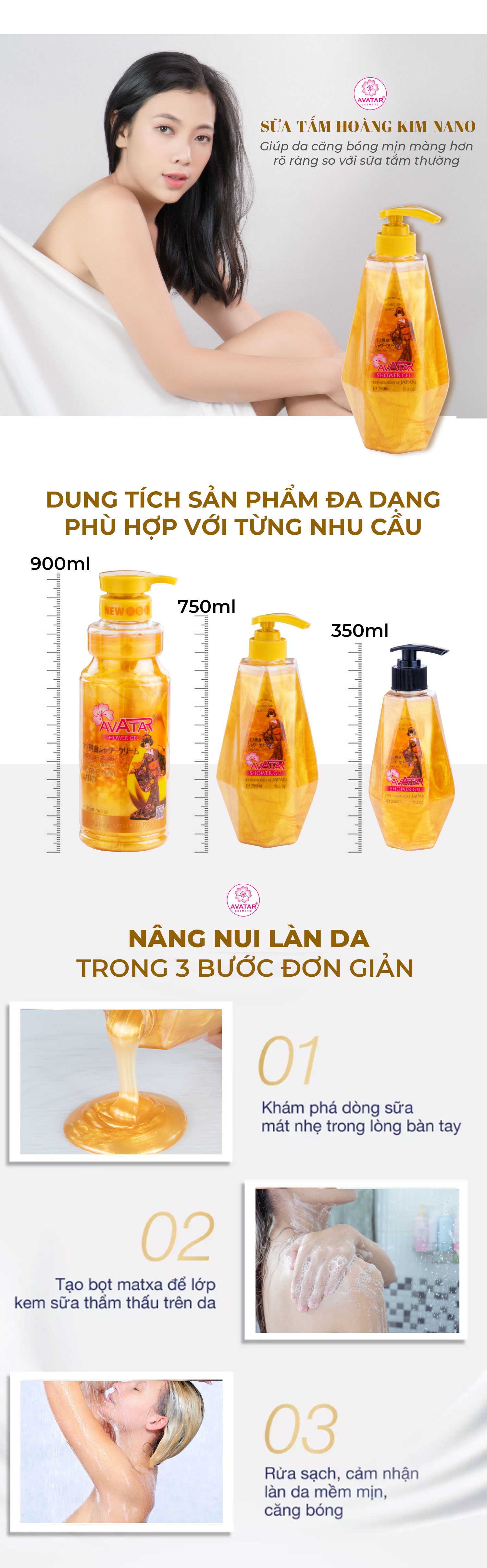 Sữa tắm Hoàng Kim Nano Avatar 350ml - giảm thiểu hắc tố cho làn da sáng đều màu (thích hợp cho cả gia đình)