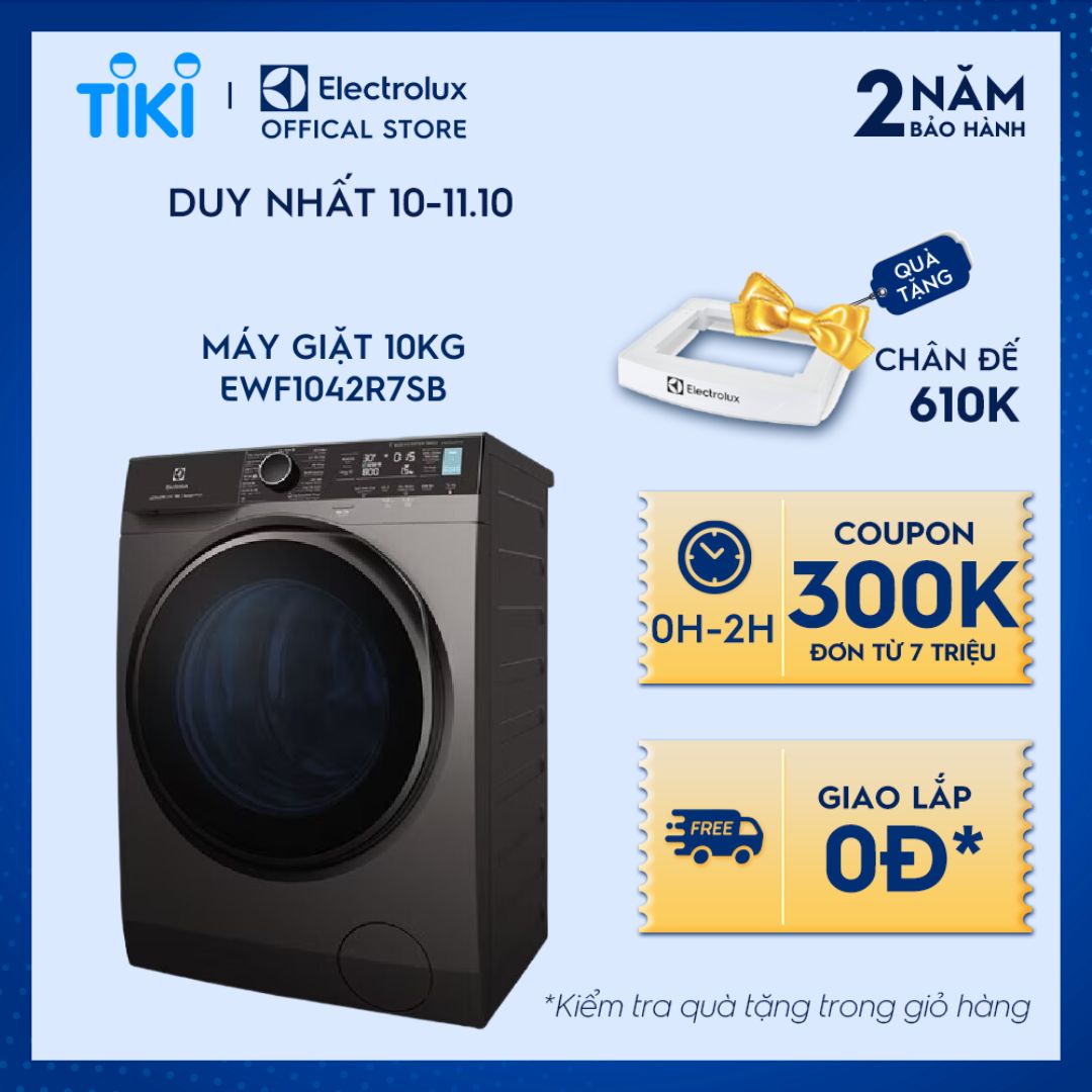 Máy giặt cửa trước Electrolux 10kg UltimateCare 700 - EWF1042R7SB - Loại bỏ đến 49 loại vết bẩn, không cặn giặt tẩy, giặt hơi nước diệt 99.9% vi khuẩn, kết nối Wifi