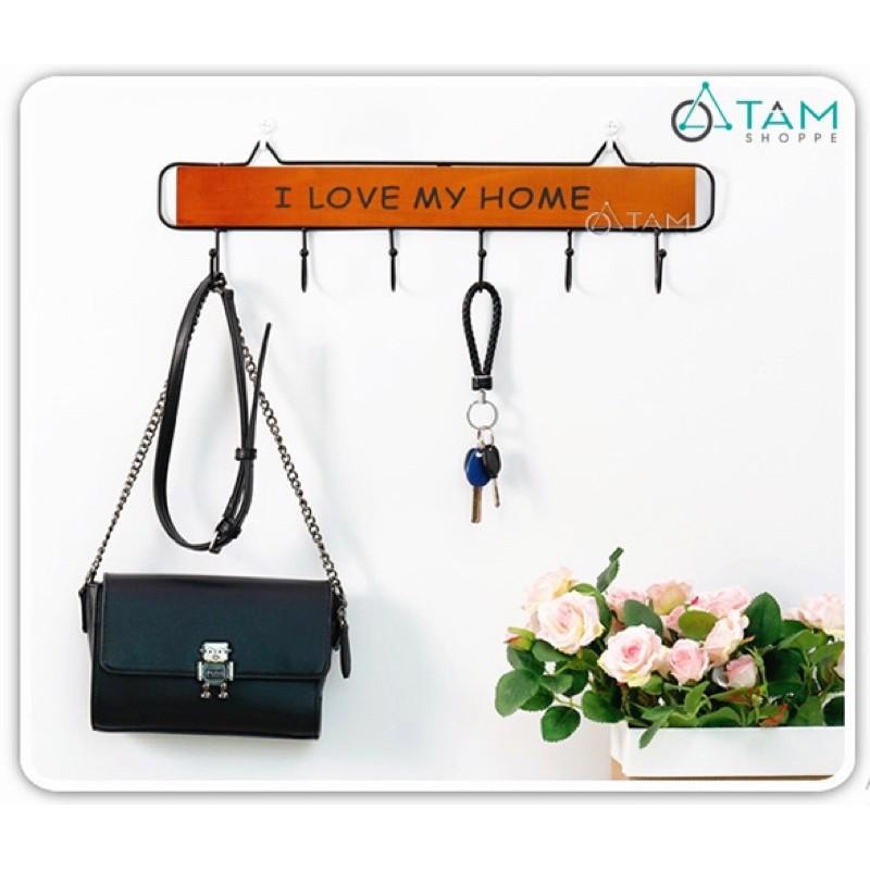 Móc treo đồ trang trí gắn tường chữ I LOVE MY HOME bằng gỗ (tặng kèm móc dán tường)-Móc treo decor dán tường loại 4 móc.