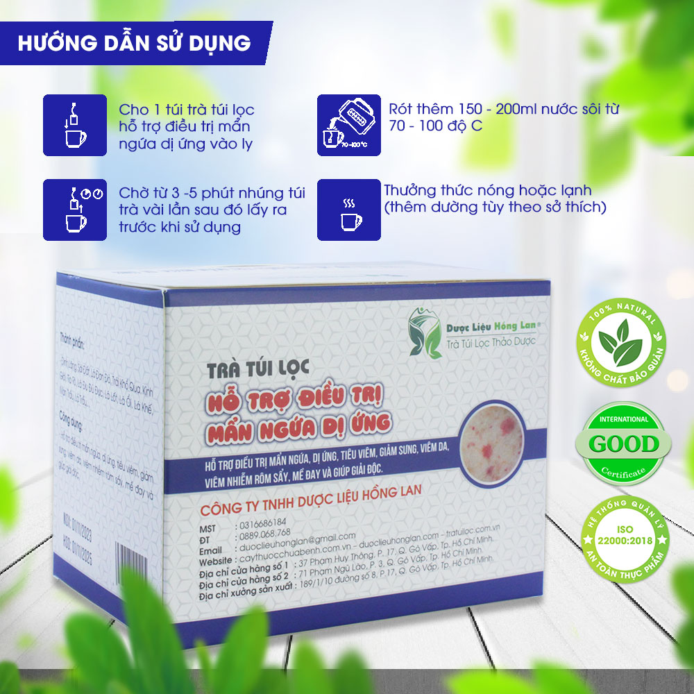 Trà hỗ trợ điều trị mẩn ngứa, dị ứng, viêm da, viêm nhiễm rôm sẩy, mề đay và giúp giải độc túi lọc hộp 60g Dược Liệu Hồng Lan