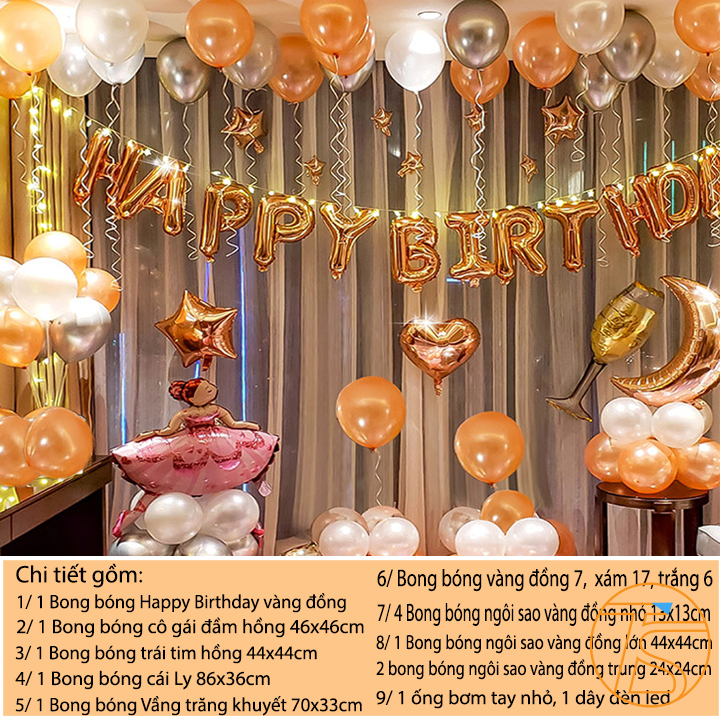 Bộ trang trí sinh nhật happy birthday cô gái có đén led 011 - Sét bong bóng trang trí tiệc dễ thương
