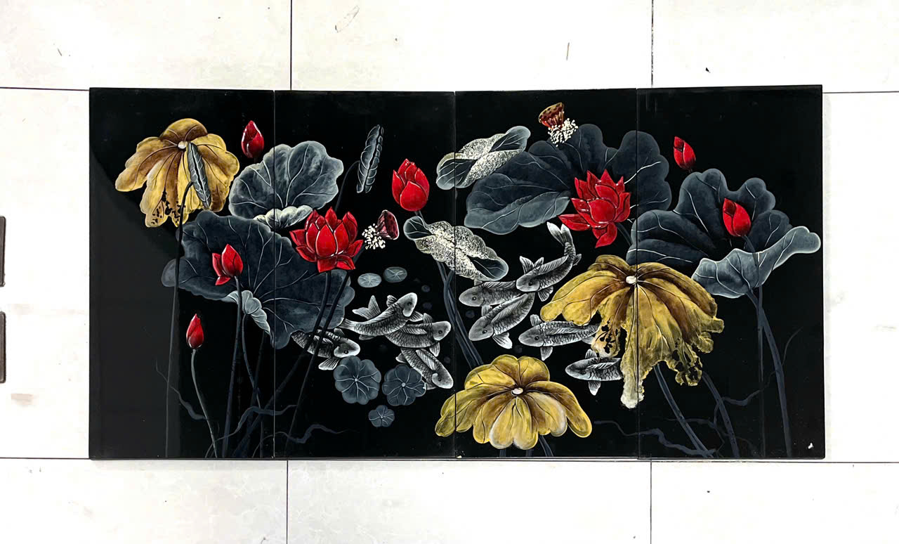 Bộ Tranh sơn mài Thanh Bình Lê 4 tấm- Hoa Sen  đắp nổi 3D size 60x120 cm hàng xuất khẩu
