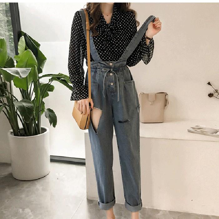 Áo sơ mi nữ chấm bi cổ thắt nơ, hàng nhập Quảng Châu