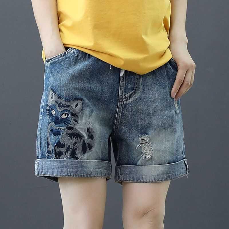 Quần Short Jean Lưng Cao Ống Rộng Thêu Họa Tiết Thiết Kế Rách Cá Tính Cho Nữ