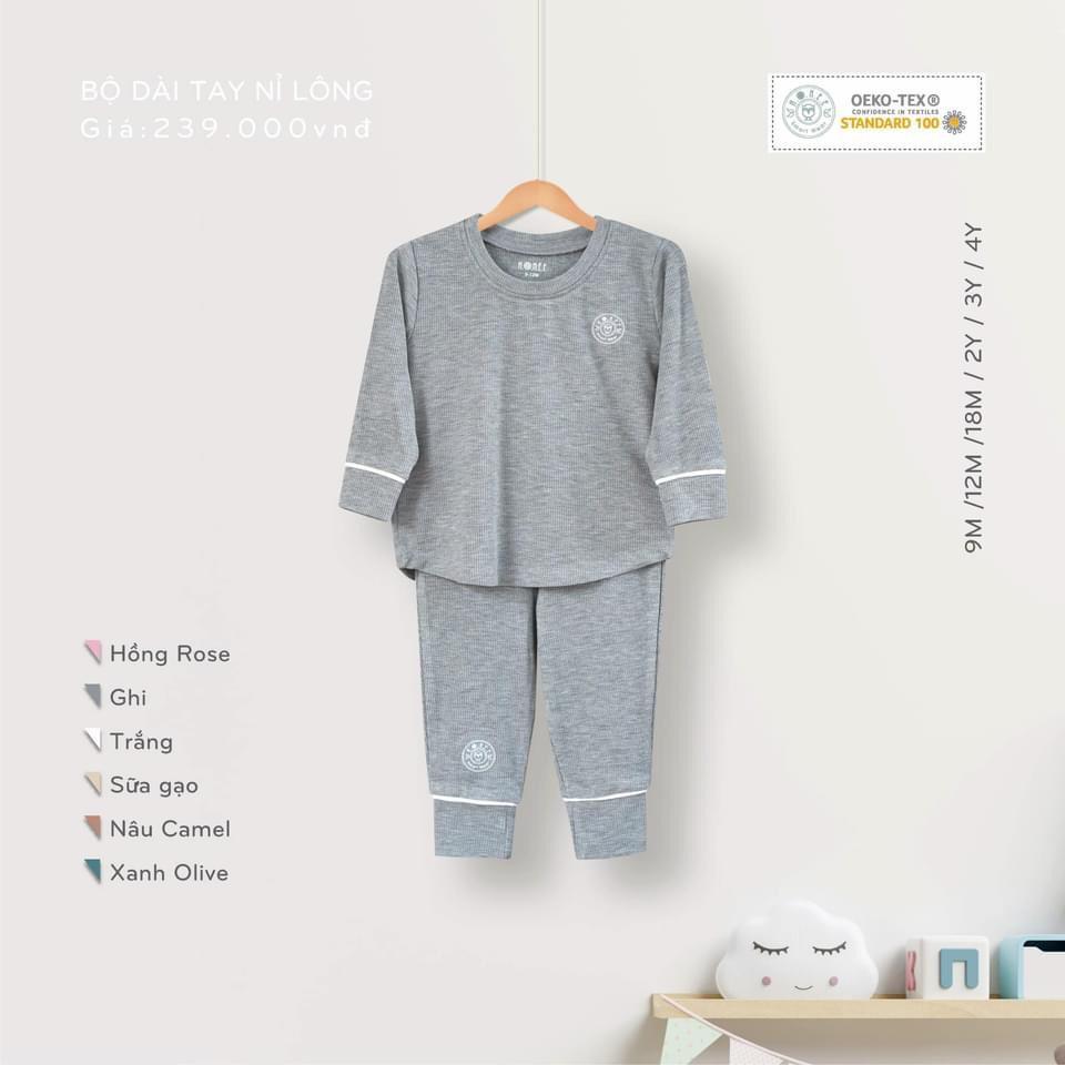 Bộ dài tay nỉ lông cài vai quần áo cho bé trai bé gái