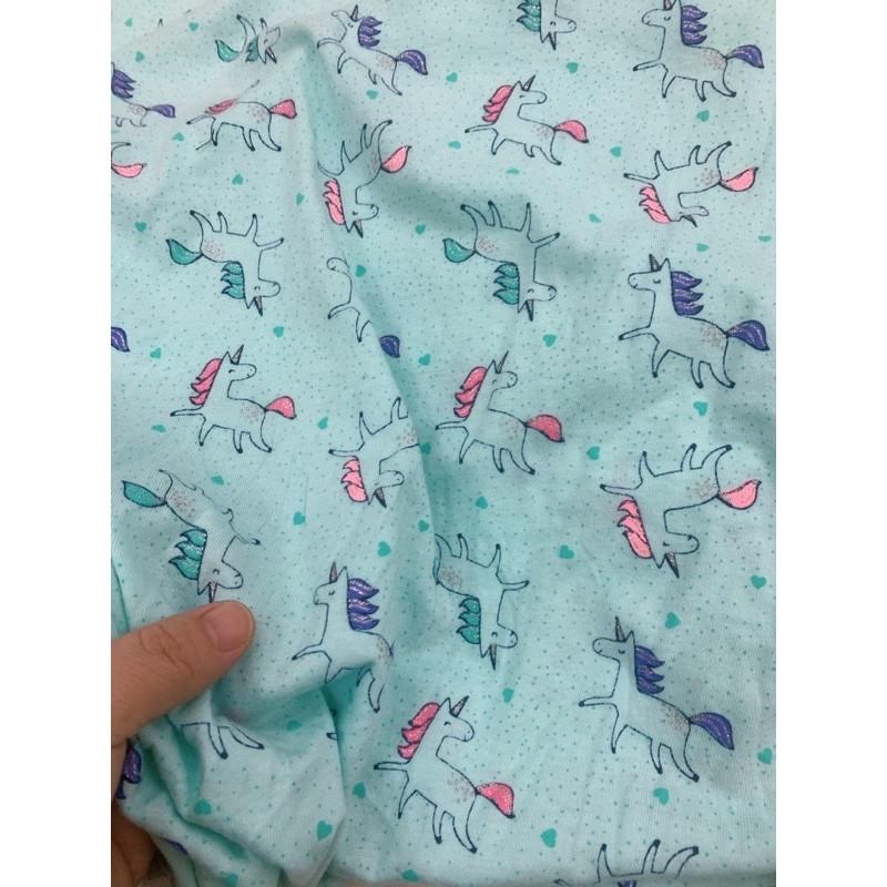 Vải thun cotton hình ngựa Pony nền xanh ngọc (unicorn)