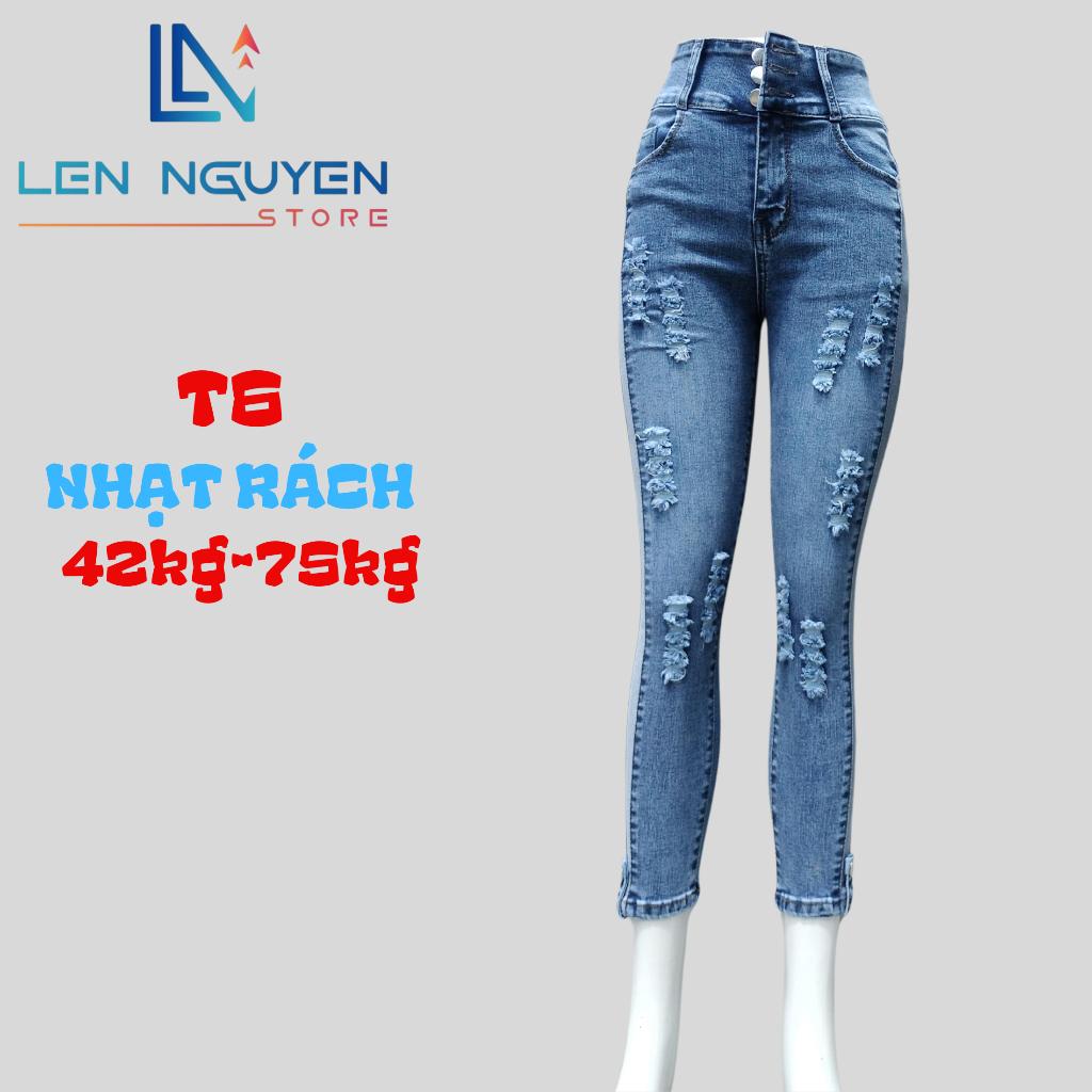 T6_Quần jean nữ, 9 tất, lưng cao, quần bò nữ dáng ôm, quần rin nữ có big size, cho 42kg đến 75kg,LEN NGUYEN STORE - Xám Rách