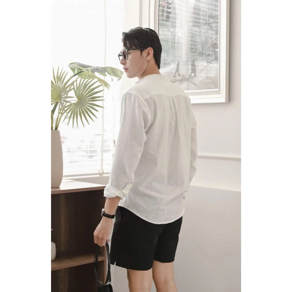 Áo sơ mi nam dài tay thiết kế cổ trụ 2 túi ngực kiểu dáng Hàn Quốc thanh lịch vải Linen thoáng mát MS06