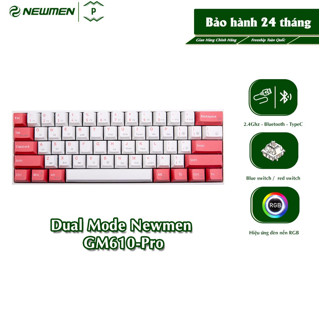 Bàn phím cơ không dây Dual Mode Newmen GM610 Pro,tặng kèm bộ 4 keycap rồng-hổ,tương thích PC/Laptop/Mac/..., bảo hành 24 tháng - Hàng chính hãng