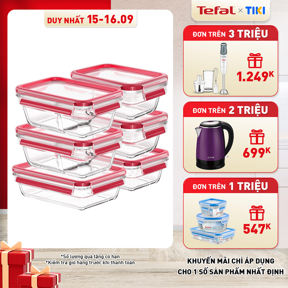 Bộ 5 hộp thủy tinh vuông Tefal Masterseal Glass 450ml x 2, 700ml, 800ml, 1.1L  - đỏ