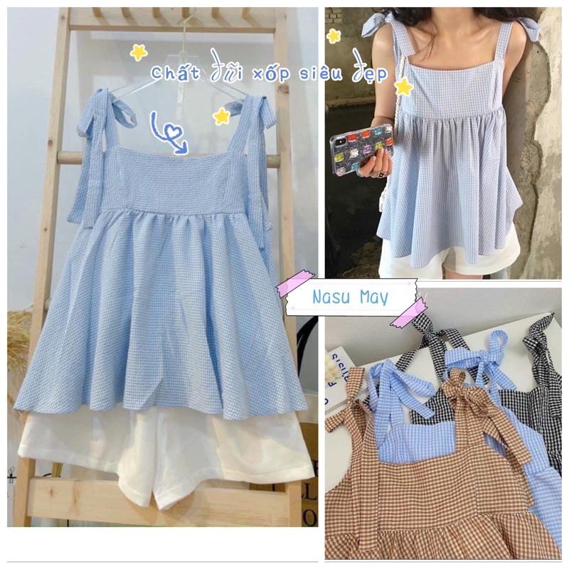 Set Áo Babydoll 2 Dây Kẻ Caro Xanh Xốp Kèm Quần Short Trắng Siêu Xinh. MET SHOP