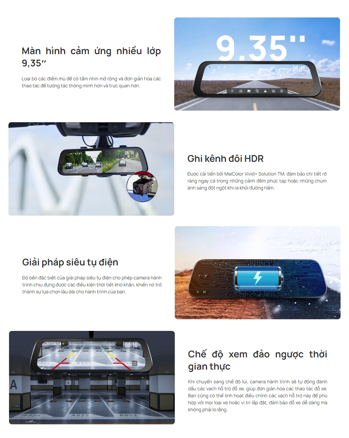Camera hành trình gương 70mai S500 tích hợp cam lùi, màn hình cảm ứng 9.35inch, 3K HDR góc quay rộng 138° – Hàng chính hãng