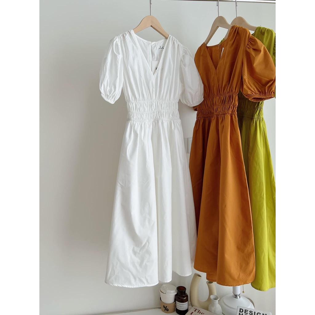 Váy Cổ V Chun Eo Tay Bồng Chât Thô Dáng Dài Nhiều Màu, Labibi