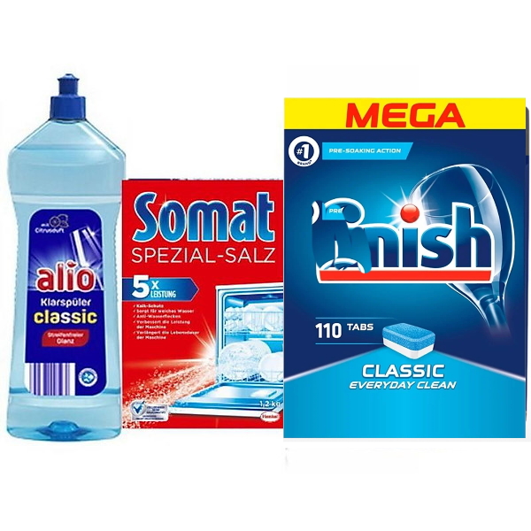 Combo 110 viên rửa bát finish + muối Somat 1.2kg + Nước làm bóng alio 1 lít dùng cho máy rửa bát