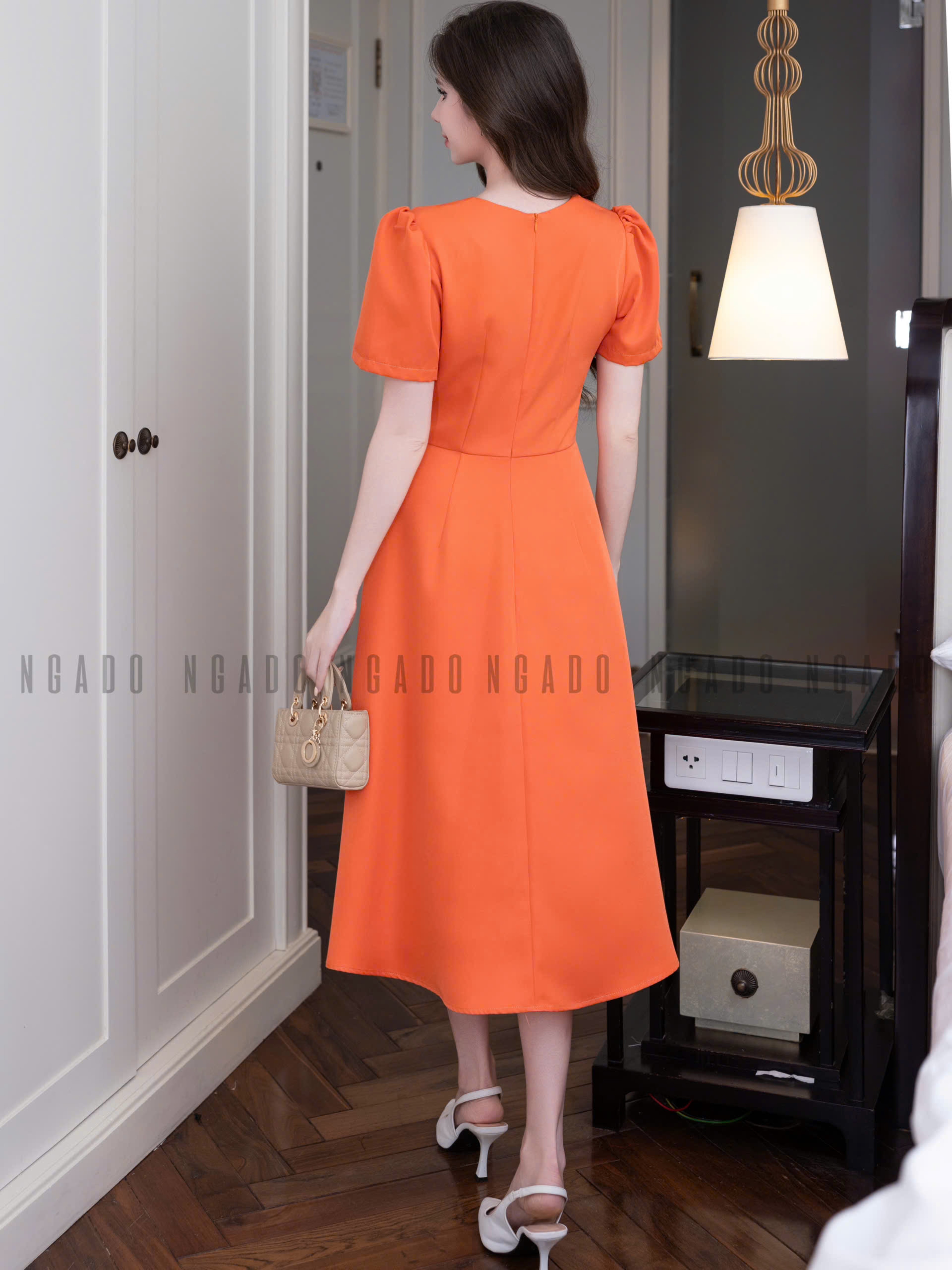 Đầm cam phối hoa NGADO , đầm nữ , đầm công sở , dự tiệc