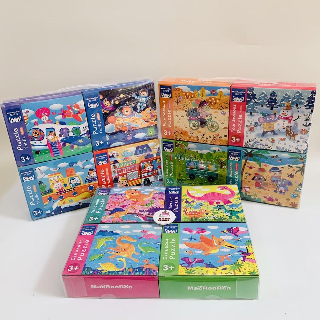Bộ xếp hình gỗ 4 trong 1 puzzle 4 cấp độ 12-16-24-32 Miếng chủ đề giao thông, bốn mùa, khủng long