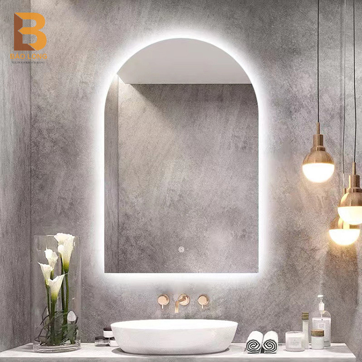 Gương nhà tắm cảm ứng LED, Gương treo tường hình vòm siêu đẹp Bảo Long